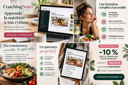 CoachingNutri – formation nutrition en ligne, 6 modules, quiz et exercices pratiques